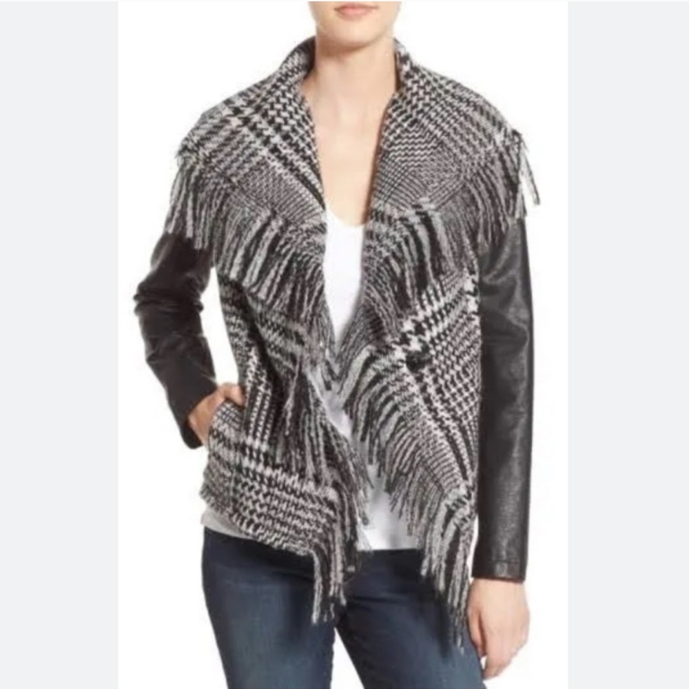 NWOT Guess Glen Plaid Wool Blend Fringe Blazer with Leather Sleeves & Back